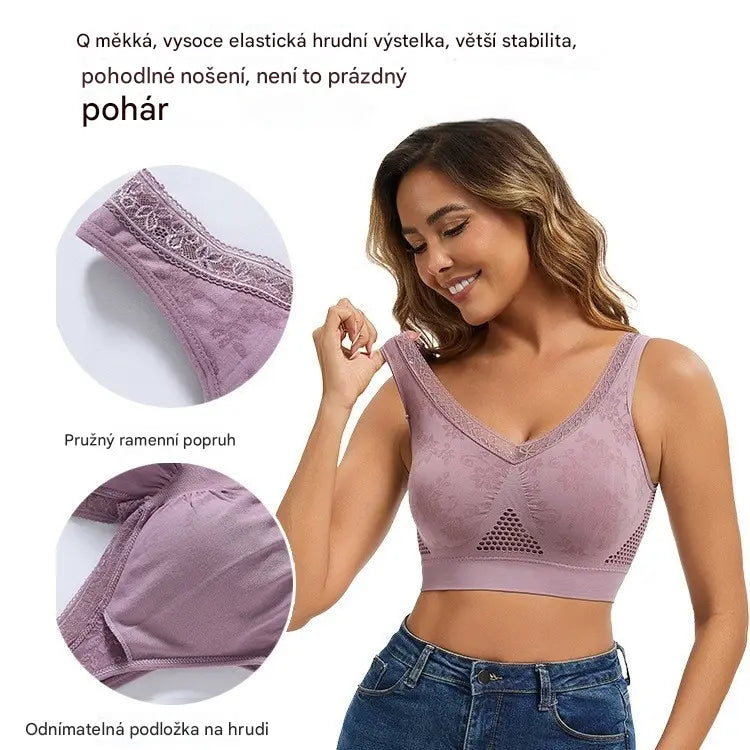 50% SLEVA! 🔥👙【40–120 kg】【Balení 3 kusů】✨ Bezdrátová krajková podprsenka s vysokou podporou, pro sport a jógu, pro velké velikosti, prodyšná síťovina