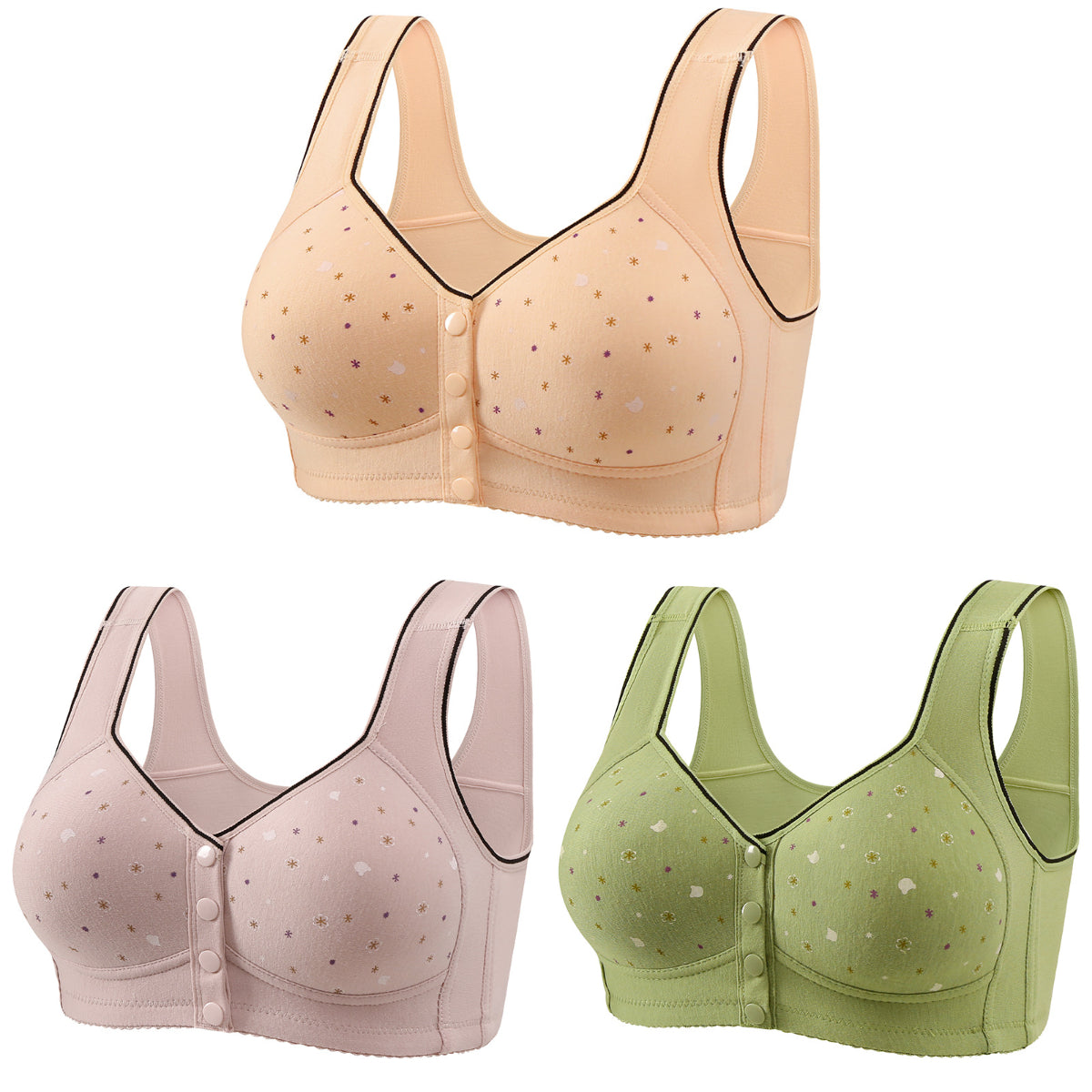 50% SLEVA 🔥👙【3dílná sada】Dámská podprsenka bez kostic se zapínáním vpředu, pro hmotnost 40–120 kg, pohodlná antibakteriální bavlněná podprsenka pro seniorky