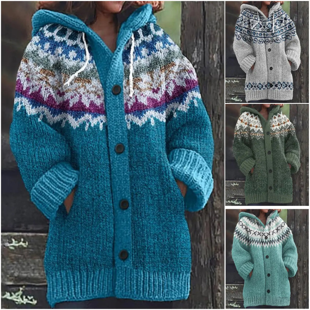 🔥50% SLEVA🔥 ✨Nová dámská pletená bunda s kapucí, geometrický vzor, zapínání na knoflíky, podzim/zima, velikosti S–5XL